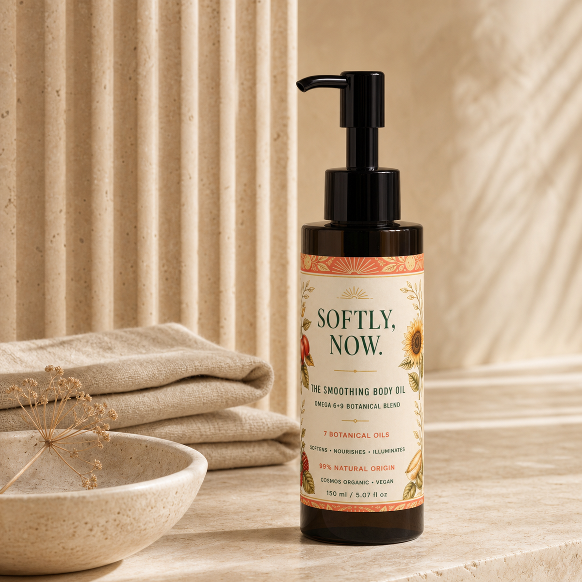 Softly Now Smoothing Body Oil on a warm limestone vanity