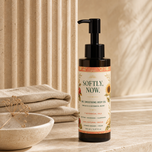 Softly Now Smoothing Body Oil on a warm limestone vanity