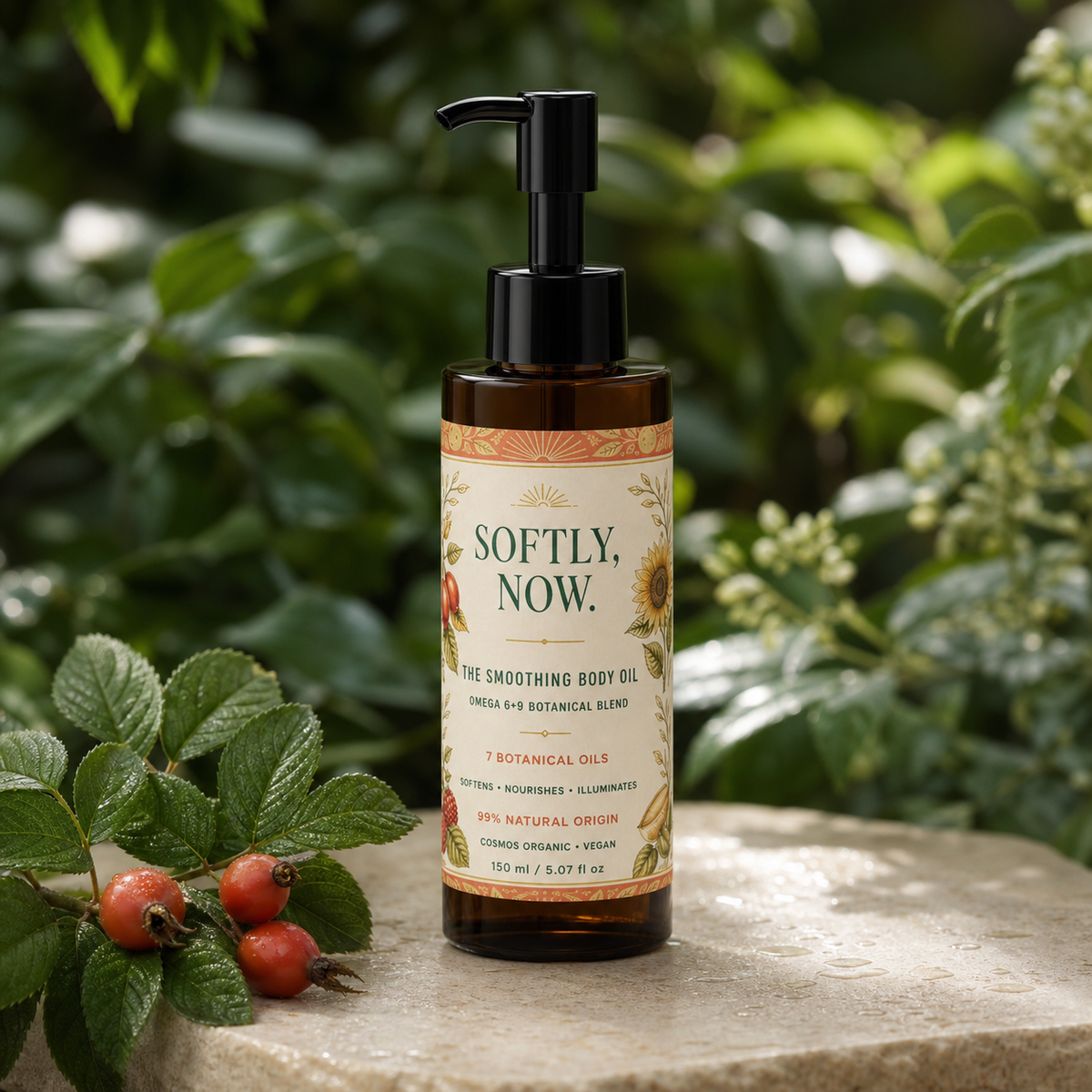 Softly Now Smoothing Body Oil in a fresh green botanical setting