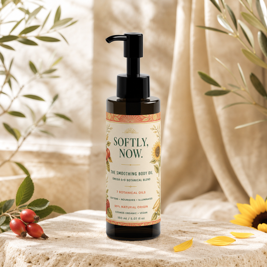 Softly Now Smoothing Body Oil in warm botanical sunlight